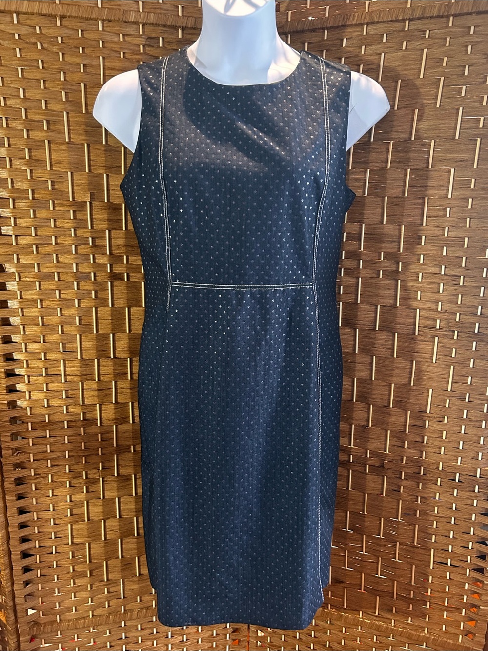 Calvin Klein Black Sheath Dress Size 14 NWOT Metallic Dot Stretch Career Office